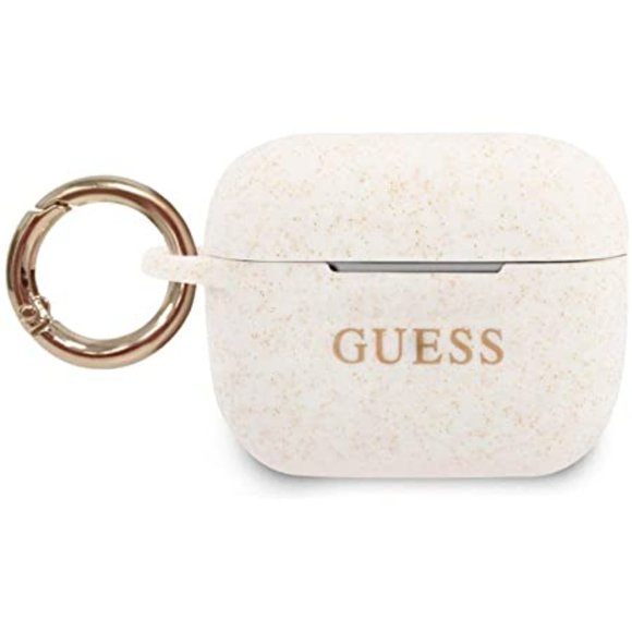 GUESS White Gold Glitter AirPod PRO Keychain Ring Silicone Case - Picture 5 of 6